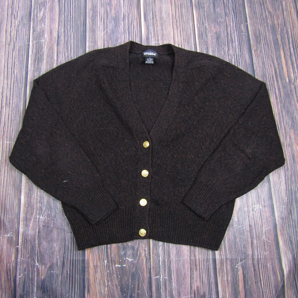Designers Originals Studio Womens Medium Brown V Neck Button Cardigan Sweater